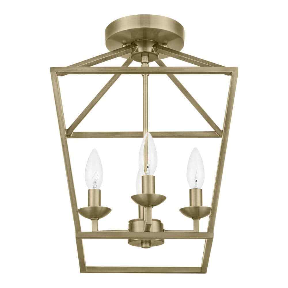 Home Decorators Weyburn 16.5 in. 4-Light Brushed Brass Lantern Semi-Flush Mount