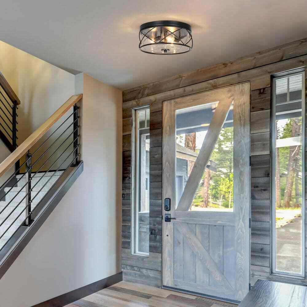 LNC Black Modern Farmhouse Flush Mount w/ Seeded Glass Shade Ceiling Light