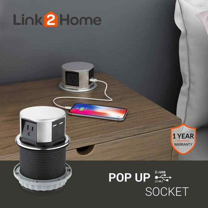 Link2Home Space Saver Pop Up-Outlet 3 Power Outlets 15 Amp 2 USB Ports