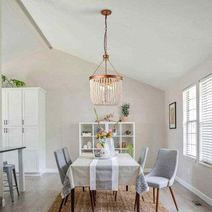 OUKANING 4-Light Gold Retro Farmhouse Beaded Pendant Light with Wood Bead Shade
