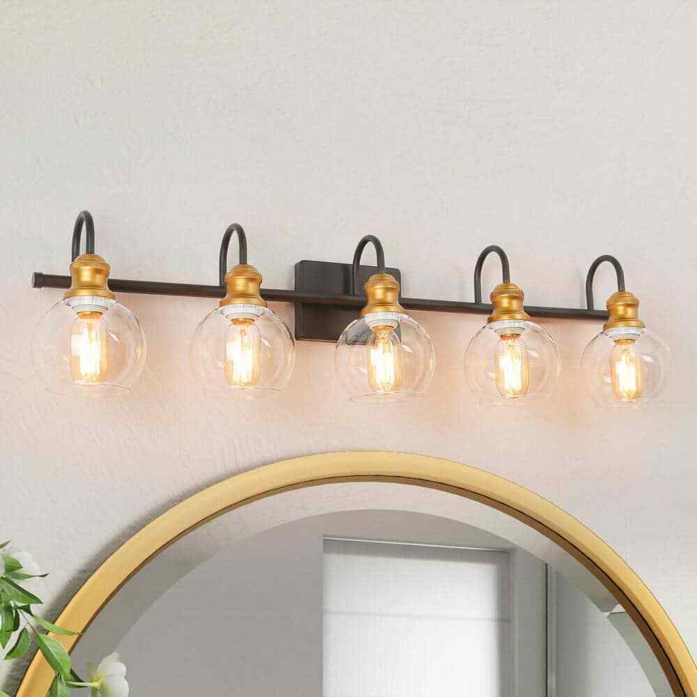 LNC 5-Light Aged Brass Vanity Light w/ Black Linear Frame and Clear Glass Globes