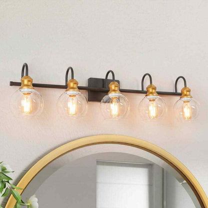 LNC 5-Light Aged Brass Vanity Light w/ Black Linear Frame and Clear Glass Globes