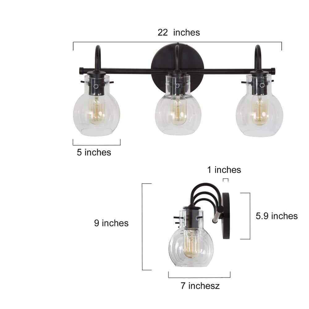 LNC 22 in. 3-Light Modern Black Bathroom Vanity Light w/Clear Glass Globe Shades