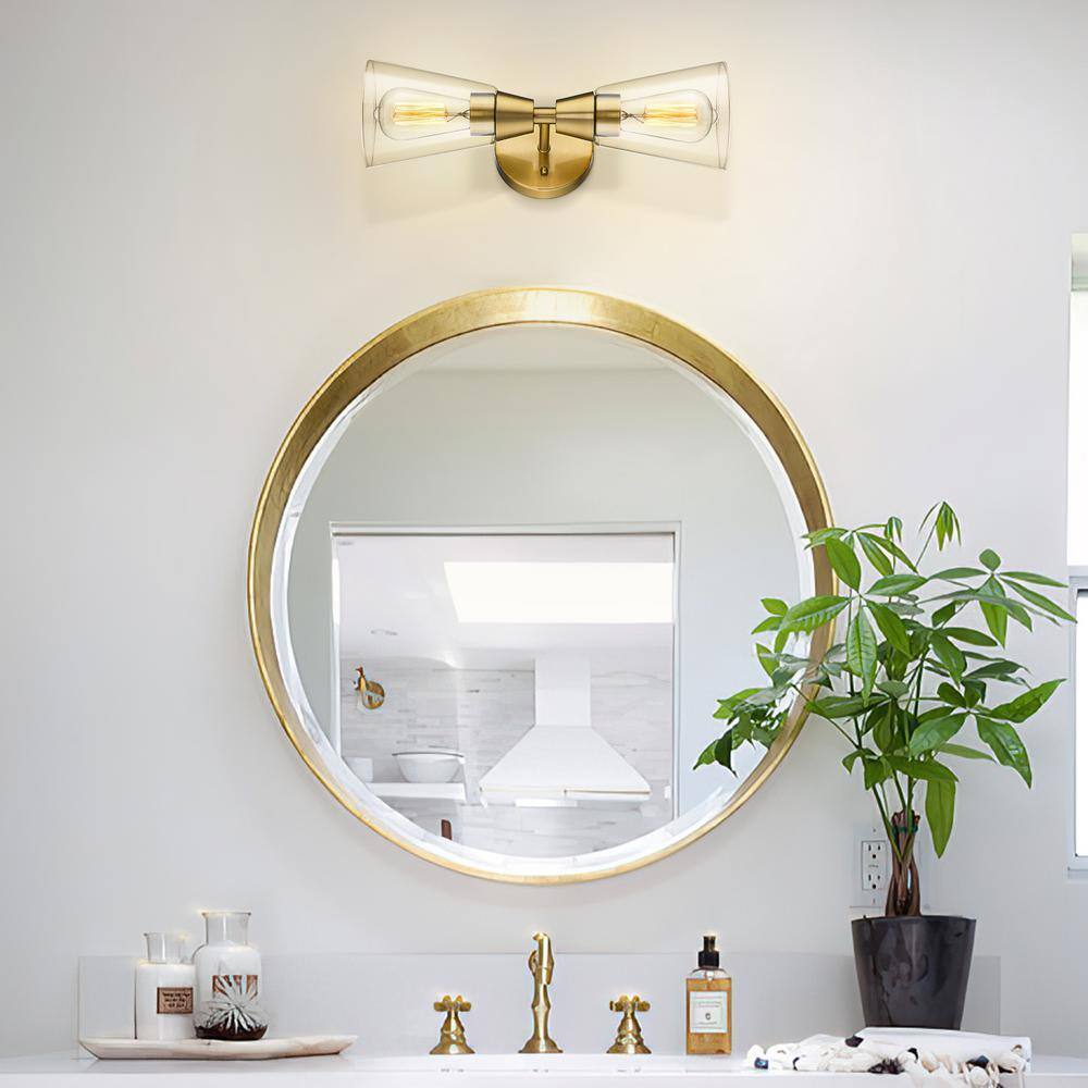 JAZAVA 16.57 in. 2 Light Gold Vanity Lights Clear Glass Indoor Wall Sconce