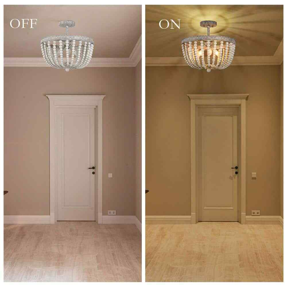 LNC 16 in. Modern Farmhouse Antique White Wood Beaded Semi-Flush Mount 3-Light