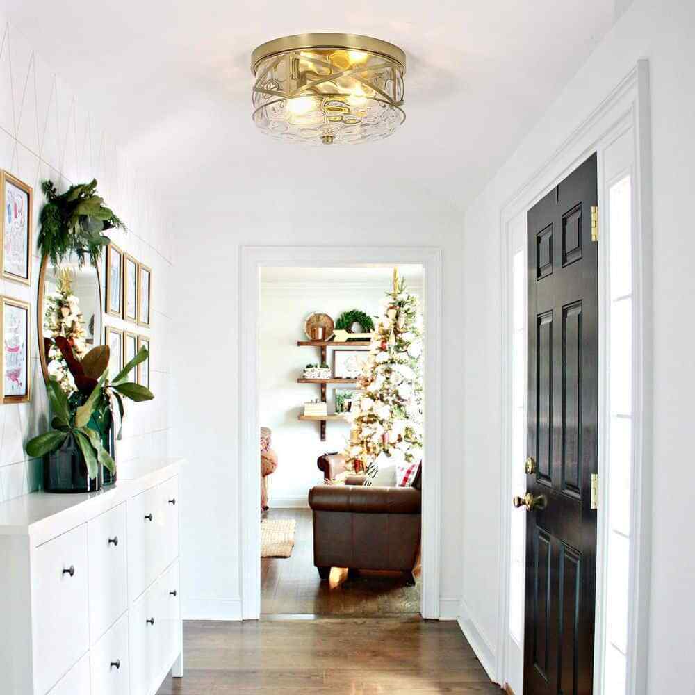 LamQee 12 in. 2-Light Brass Gold Flush Mount Water Ripple Glass Ceiling Light
