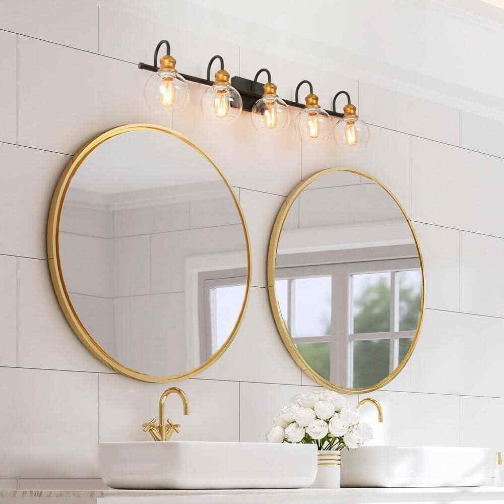 LNC 5-Light Aged Brass Vanity Light w/ Black Linear Frame and Clear Glass Globes