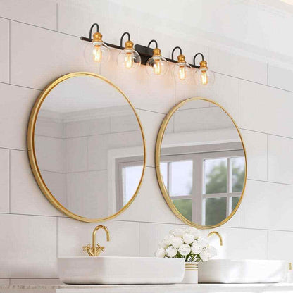 LNC 5-Light Aged Brass Vanity Light w/ Black Linear Frame and Clear Glass Globes