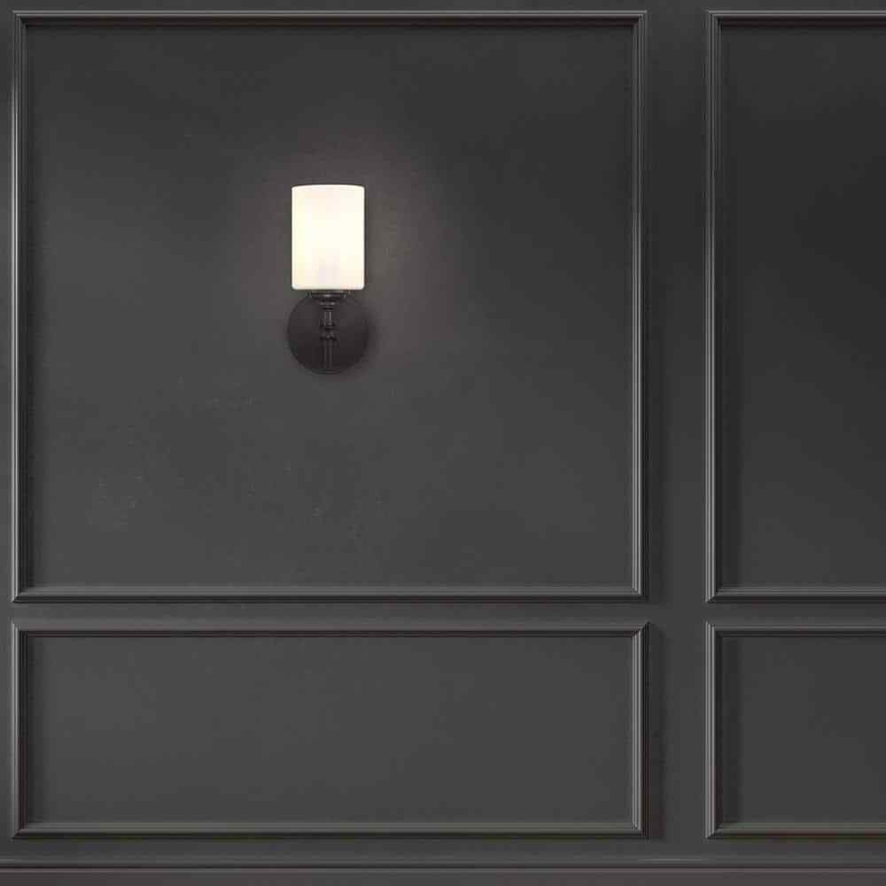 Home Decorators Collection Ayelen 1-Light Black Wall Sconce Opal White Glass