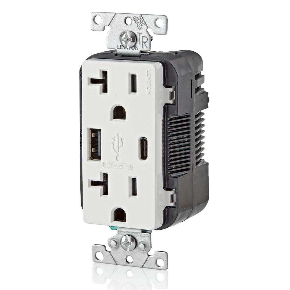 Leviton 20 Amp Tamper Resistant Duplex Outlet w/ Type A and C USB Chargers White