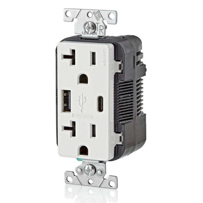 Leviton 20 Amp Tamper Resistant Duplex Outlet w/ Type A and C USB Chargers White