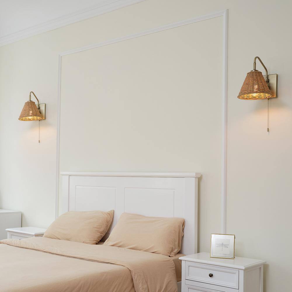 Globe Electric Novogratz Matte Brass Finish Wall Sconce w/ Rattan Wood Shade