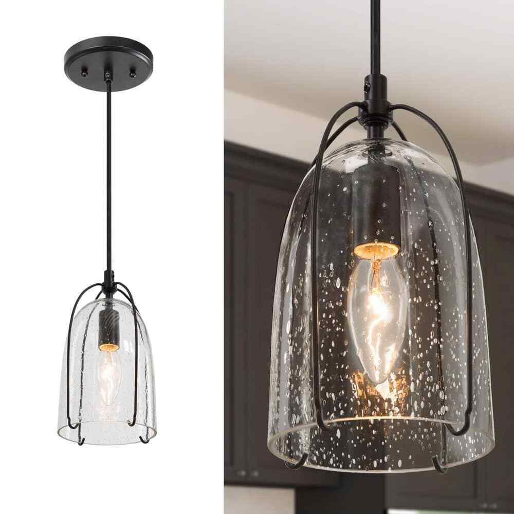 Uolfin Modern Black Kitchen Island Hanging Light with Seeded Glass Shade