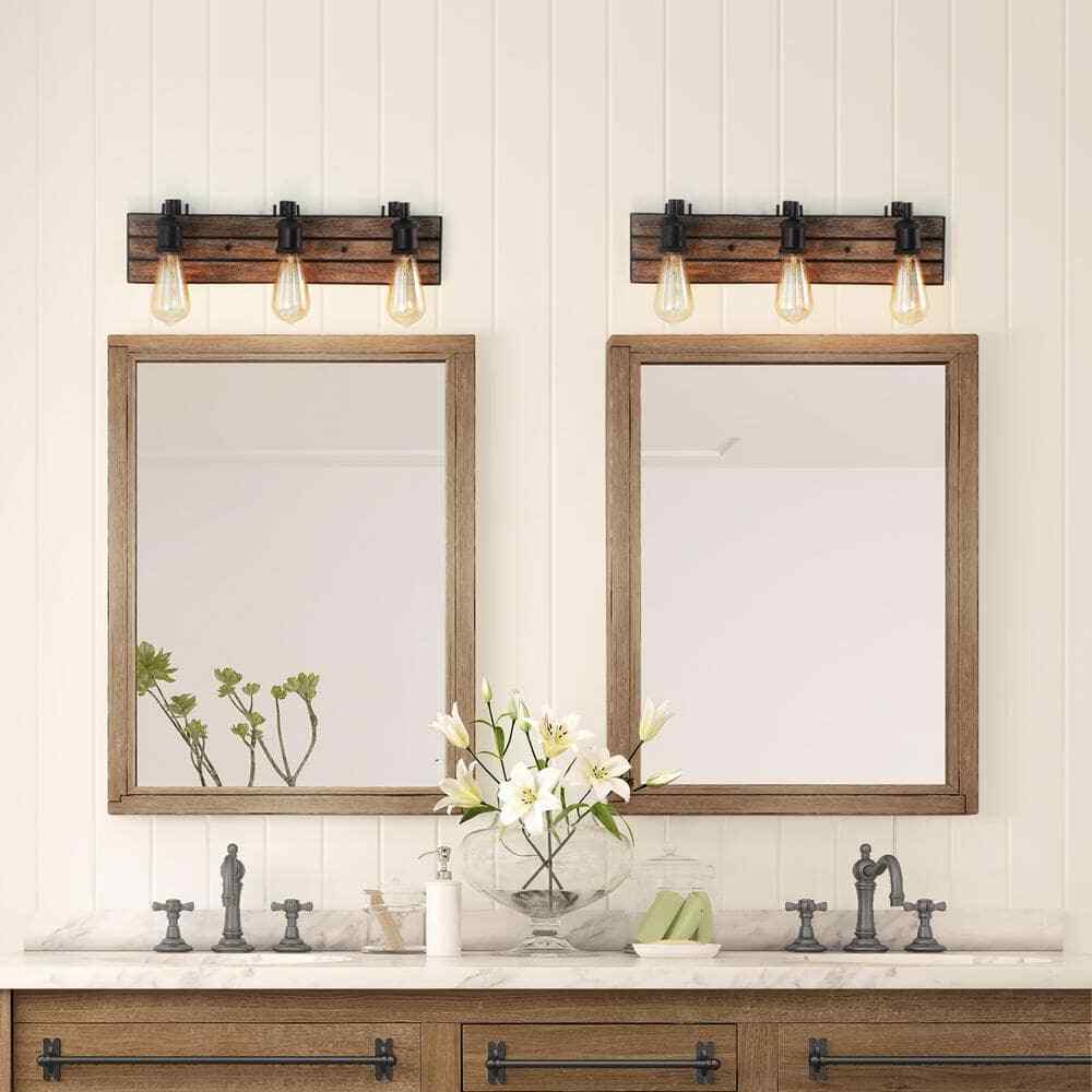 LNC Farmhouse Wood Bathroom Vanity Light 3-Light Rustic Dark Brown Wall Sconce