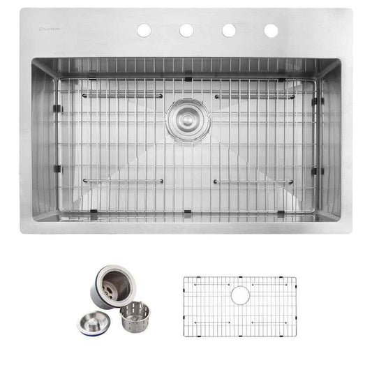 Glacier Bay 32 in. Tight Radius Drop-in 16G SS 4-Hole Single Bowl Kitchen Sink