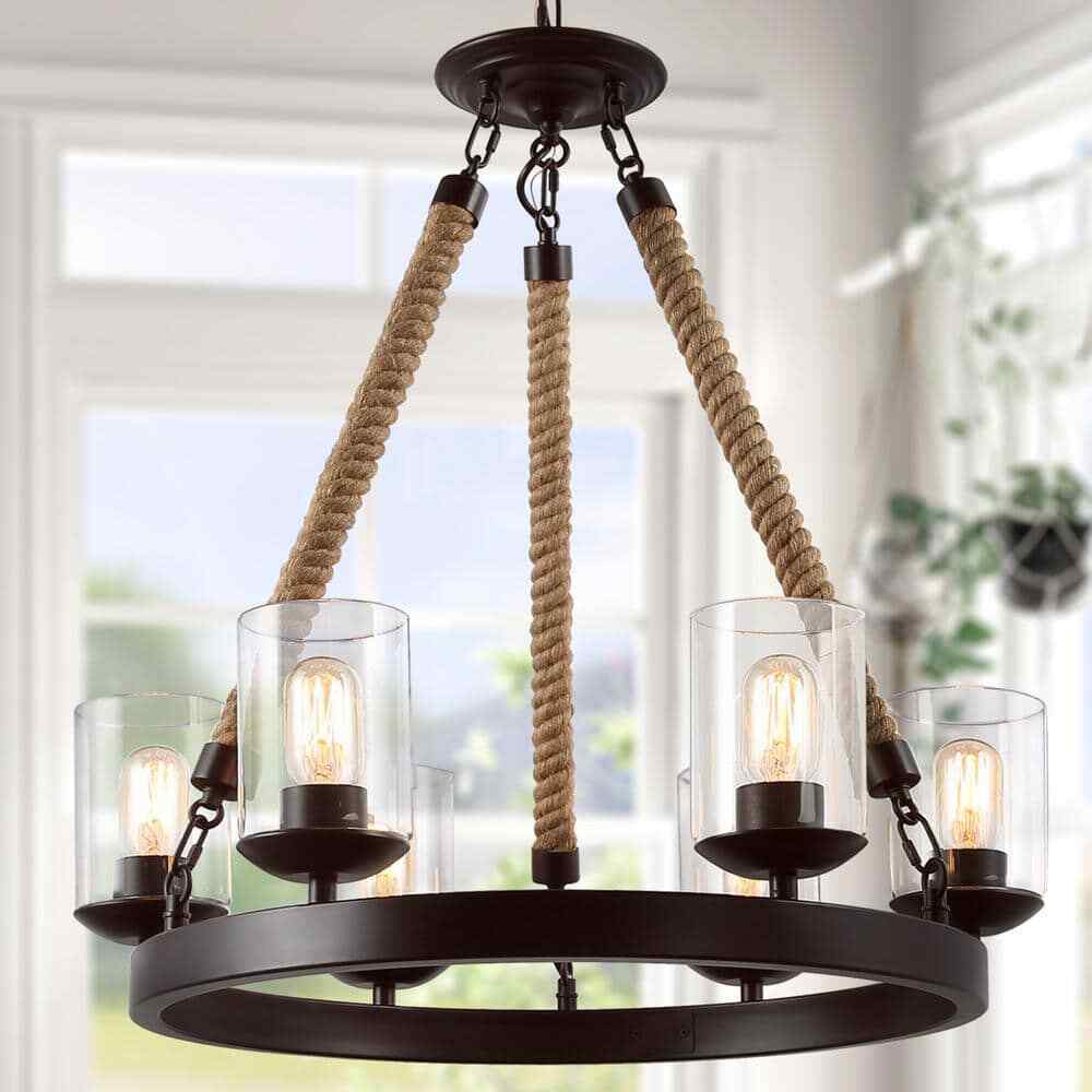 LNC Farmhouse 6-Light Dark Brown Wagon Wheel Island Rustic Chandelier