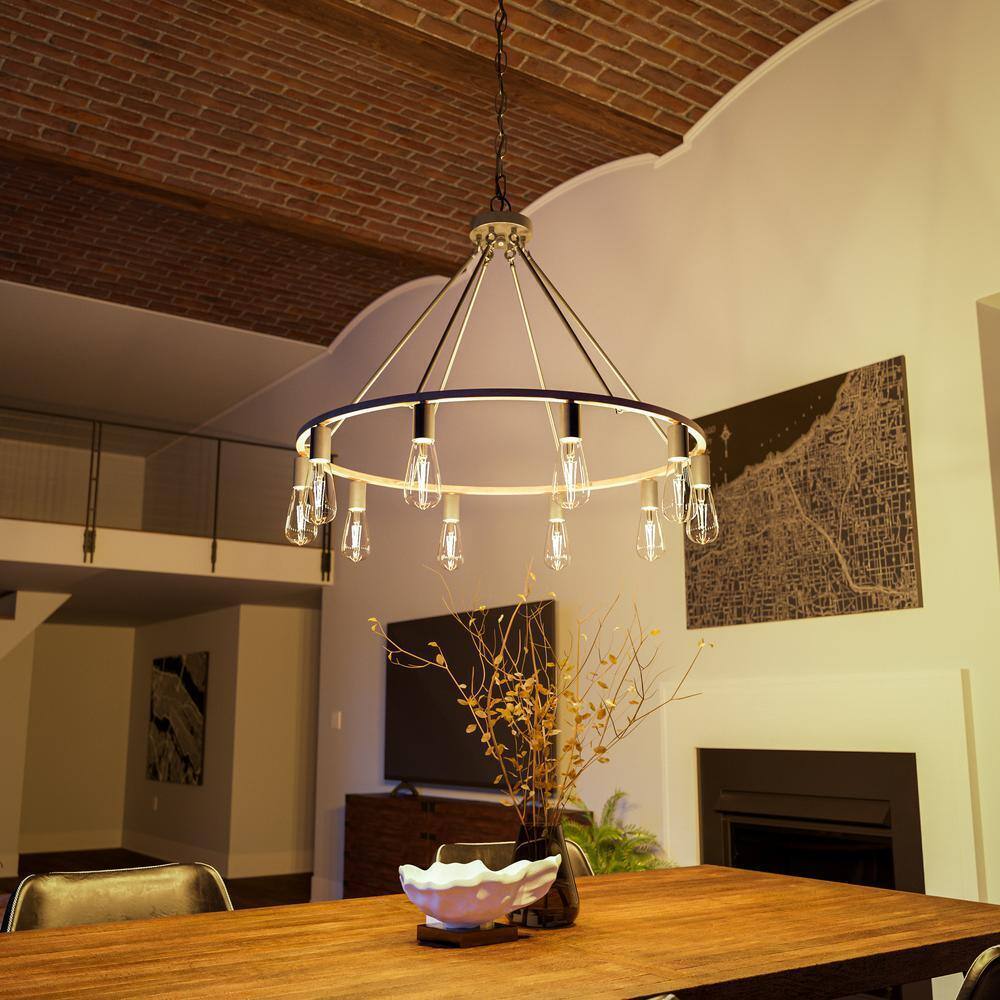Hampton Bay Stratton 10-Light Black and Woodgrain Wagon Wheel Chandelier