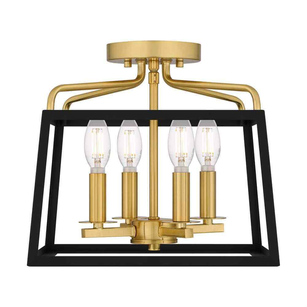 Hampton Bay Parley 12 in. 4-Light Matte Black and Gold Cage Semi- Flush Mount