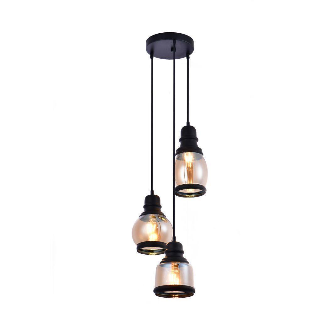 LAZZUR Vaige 13 in. 3-Light Matte Black Pendant with Amber Glass Shade