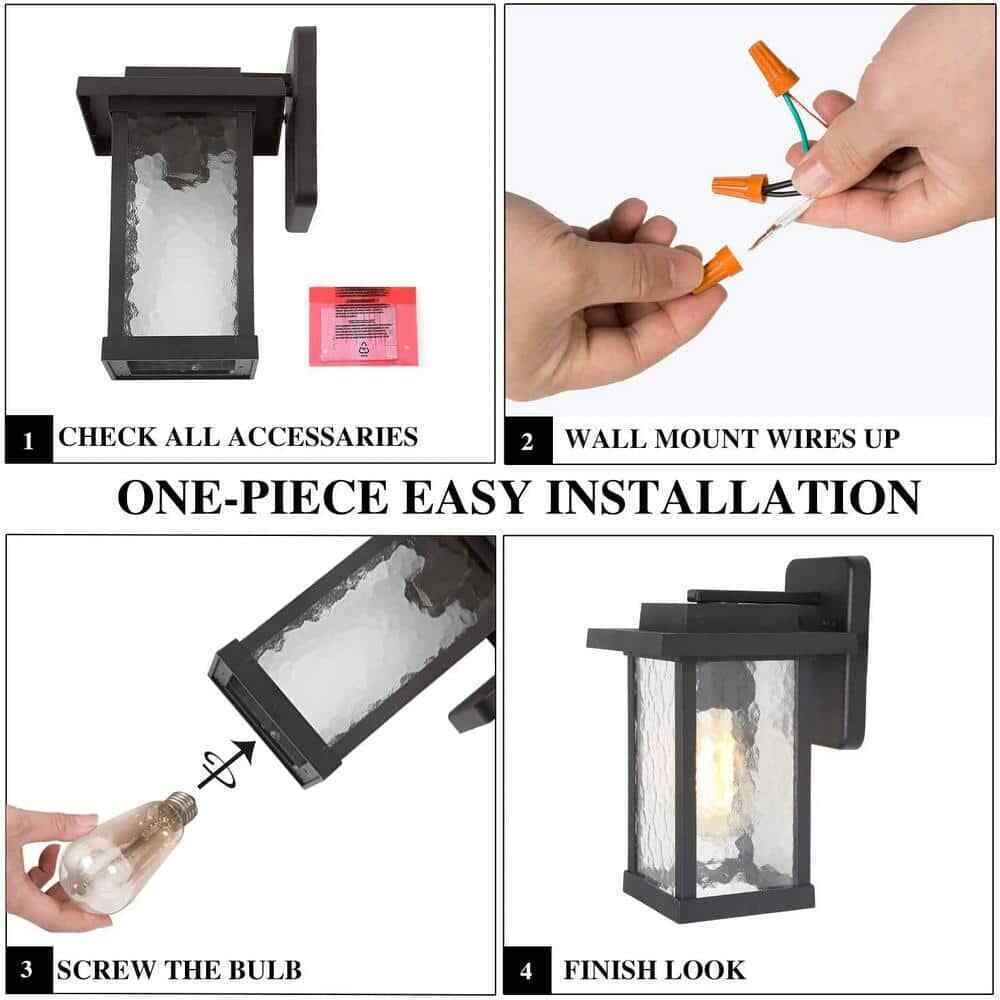 LNC Matte Black Outdoor Wall Lantern Sconce with Textured Glass Shade