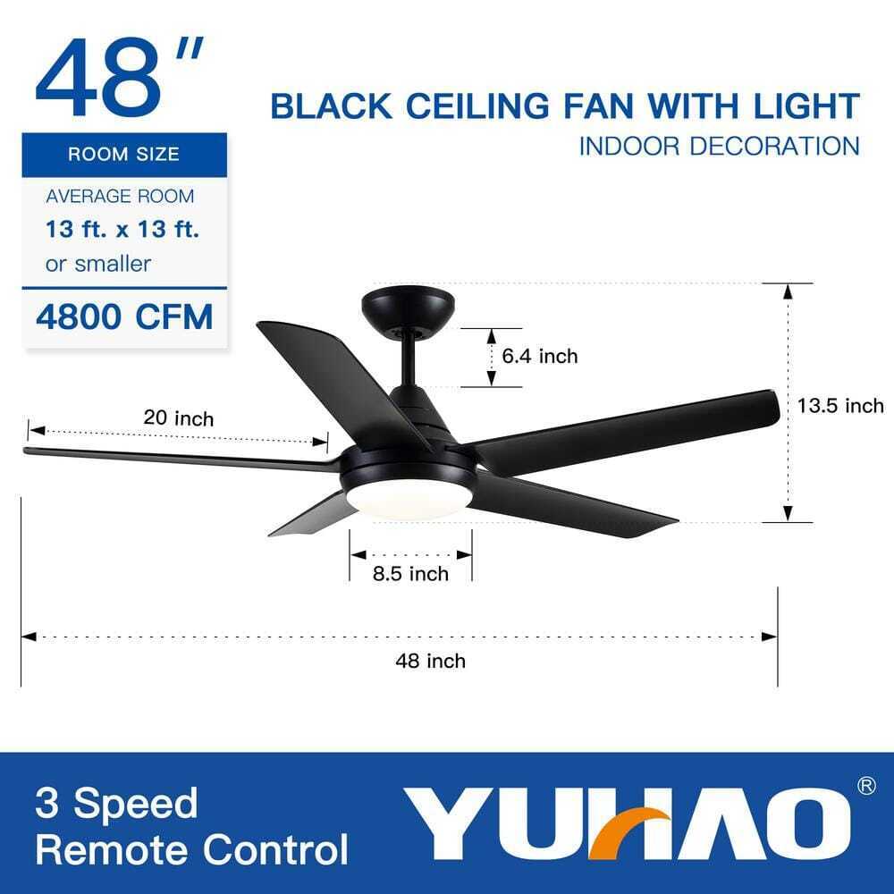 YUHAO 48 in. Dimmable Integrated LED Indoor Black Ceiling Fan w Light and Remote