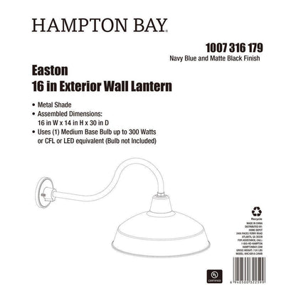 Hampton Bay Easton 14 in. 1-Light Navy Blue Barn Outdoor Wall Lantern Sconce