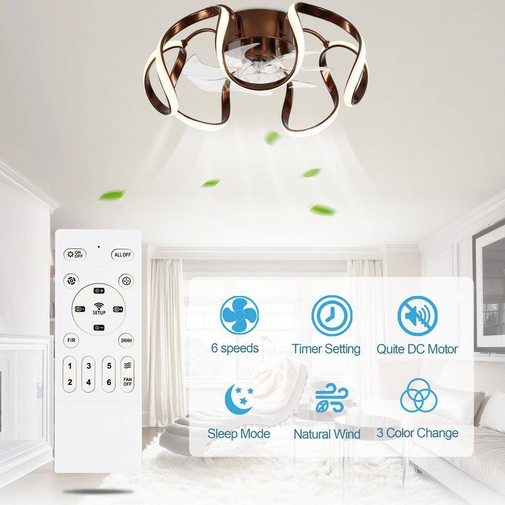 Oaks Aura LED Indoor Brown Modern Flush Mount Ceiling Fan Light APP and Remote