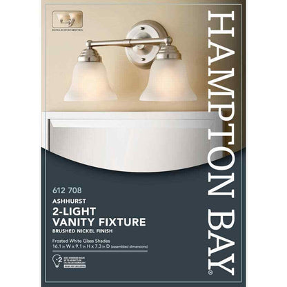 Hampton Bay Ashhurst 2-Light Brushed Nickel Vanity Light w/ Frosted Glass Shades