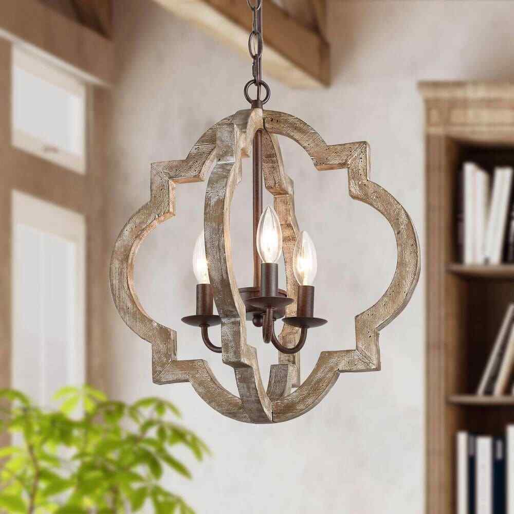 LNC Farmhouse Rustic Bronze Wood Chandelier 16 in. 3-Light Candlestick Pendant