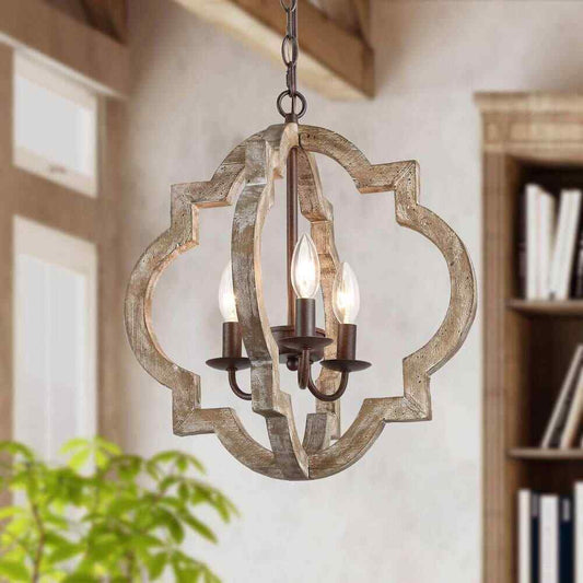 LNC Farmhouse Rustic Bronze Wood Chandelier 16 in. 3-Light Candlestick Pendant