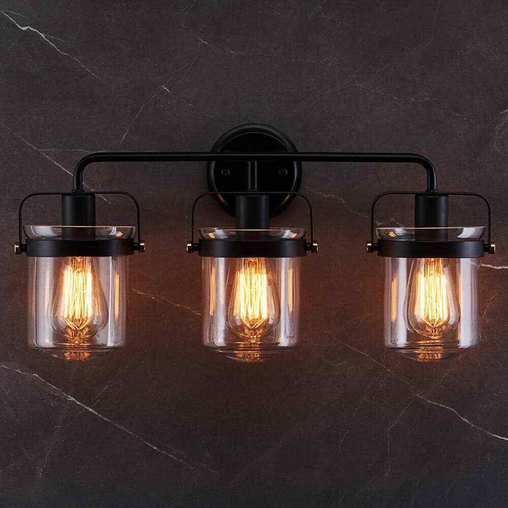 Merra 22 in. 3-Light Matte Black Vanity Light with Clear Glass Shade