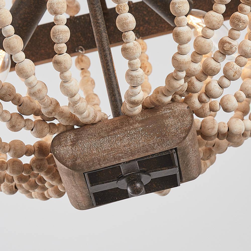 Parrot Uncle Regas 4-Light Farmhouse Weathered Wood Bead Candle Style Chandelier