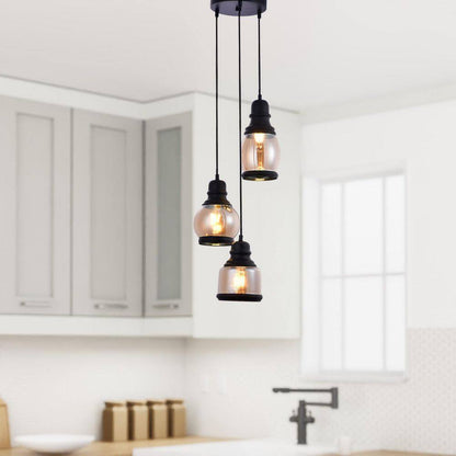LAZZUR Vaige 13 in. 3-Light Matte Black Pendant with Amber Glass Shade
