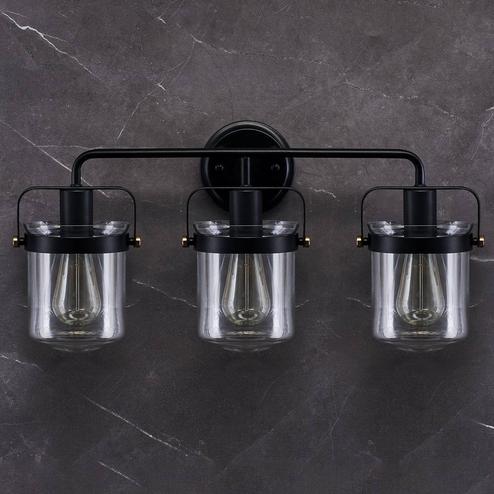 Merra 22 in. 3-Light Matte Black Vanity Light with Clear Glass Shade