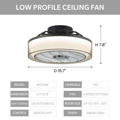 ANTOINE 16 in. Indoor Smoky Gray Low Profile Ceiling Fan