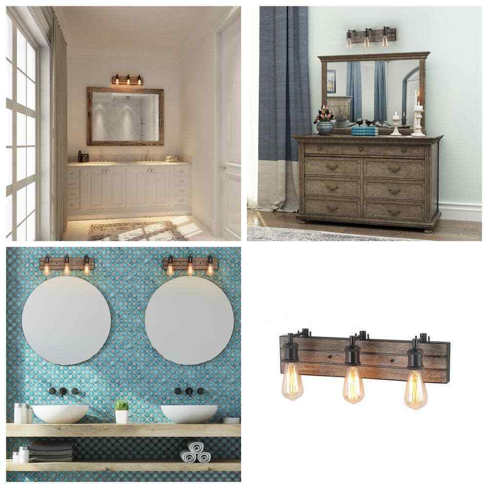 LNC Farmhouse Wood Bathroom Vanity Light 3-Light Rustic Dark Brown Wall Sconce