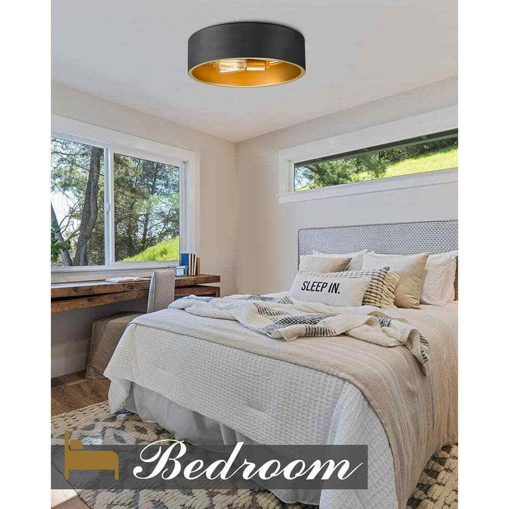 ZACHVO 14 in. 2-Light Black Gold Close 2 Ceiling Light Fixture Flush Mount Light