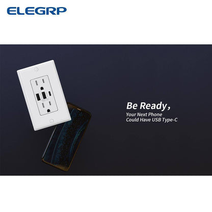 ELEGRP 30-Watt 15 Amp 3-Port Type C and Type A USB Duplex USB Wall Outlet 2-Pack
