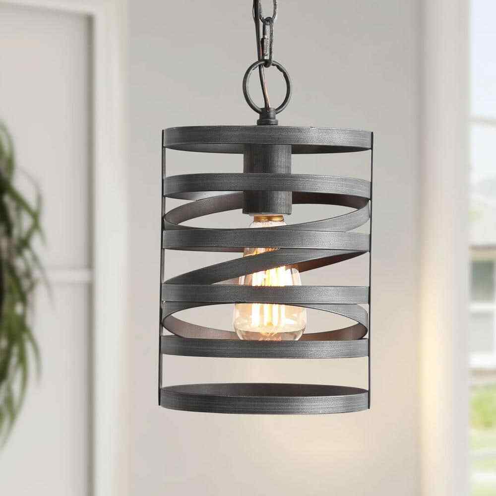 LNC Brushed Gray Modern 1-Light Drum Cage Kitchen Island High Ceiling Light