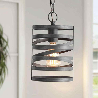 LNC Brushed Gray Modern 1-Light Drum Cage Kitchen Island High Ceiling Light