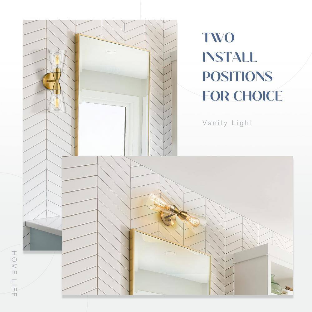 JAZAVA 16.57 in. 2 Light Gold Vanity Lights Clear Glass Indoor Wall Sconce