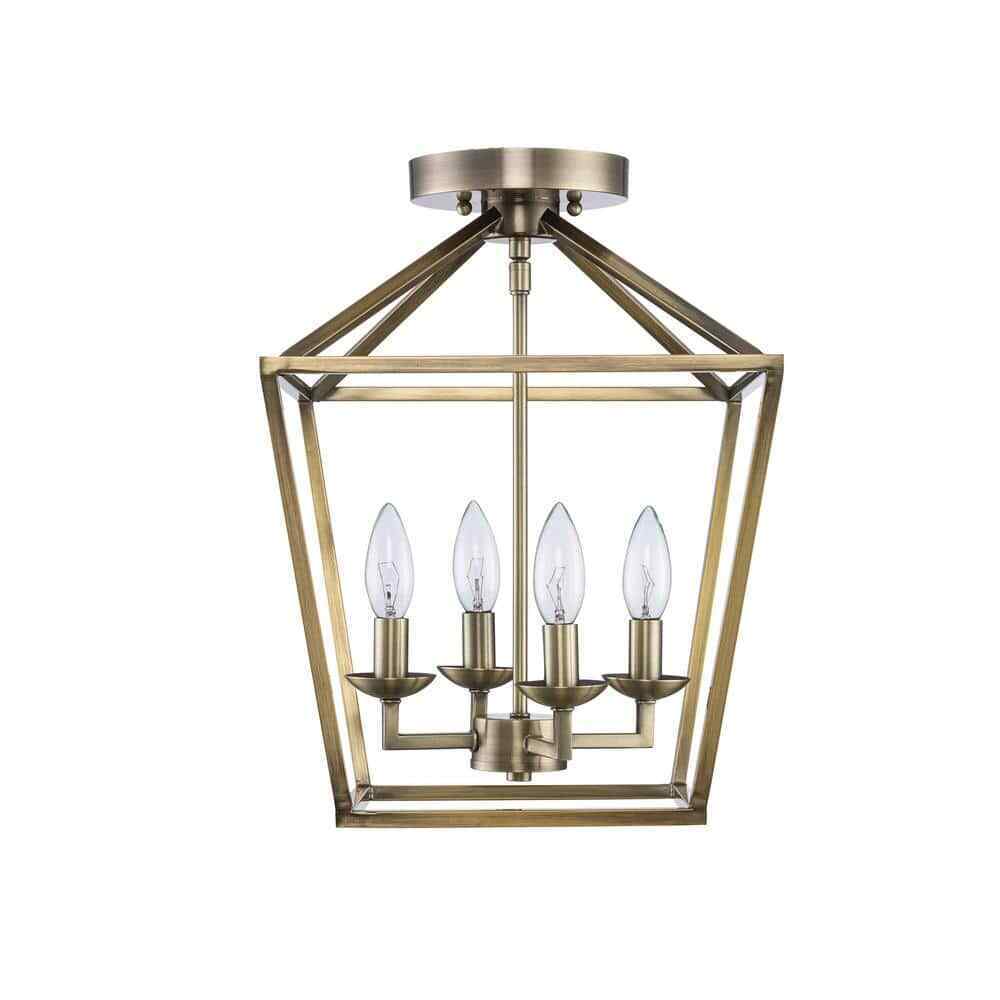 Home Decorators Weyburn 16.5 in. 4-Light Brushed Brass Lantern Semi-Flush Mount