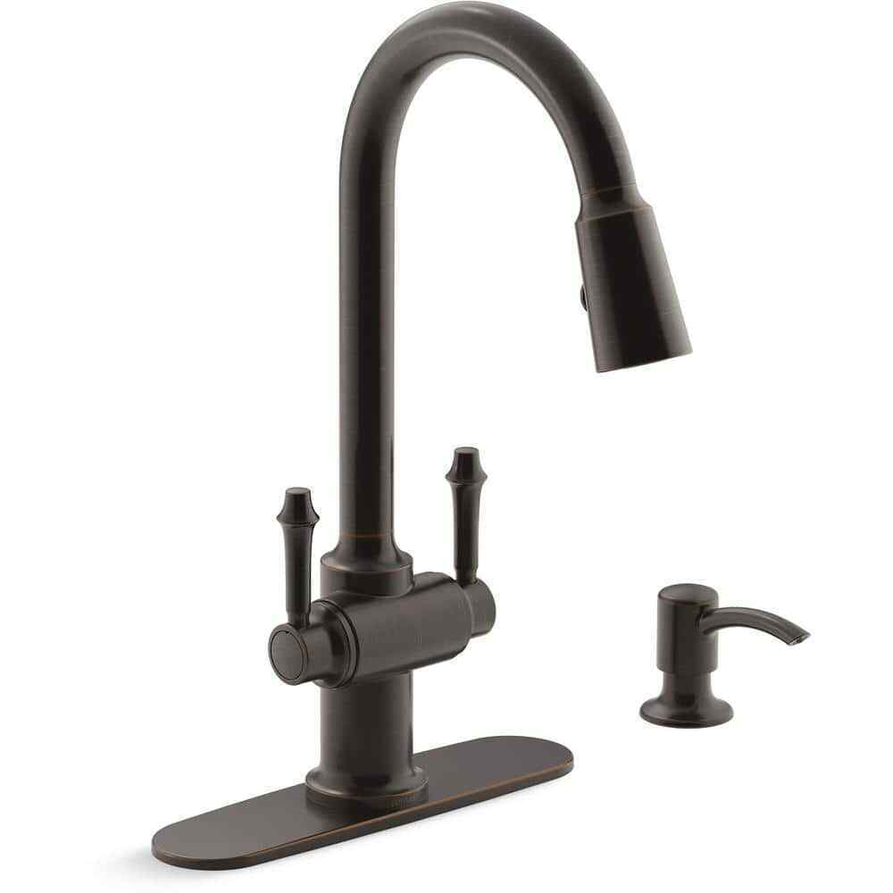 KOHLER Thierry Two Handle Pull-Down Sprayer Kitchen Faucet w/ Soap Dispenser