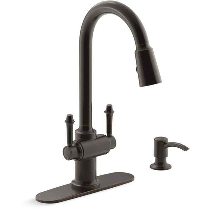 KOHLER Thierry Two Handle Pull-Down Sprayer Kitchen Faucet w/ Soap Dispenser