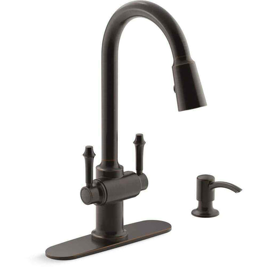 KOHLER Thierry Two Handle Pull-Down Sprayer Kitchen Faucet w/ Soap Dispenser