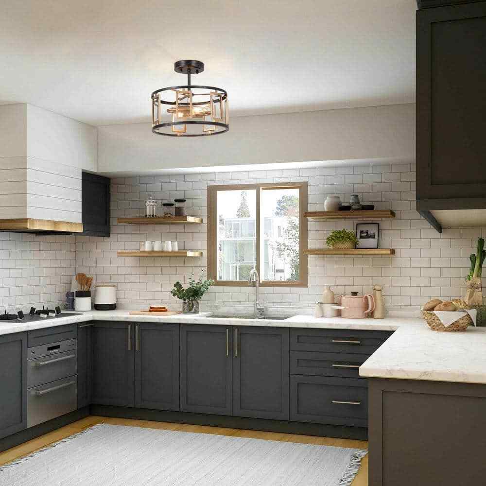 Uolfin Modern 2-Light Antique Brushed Black and Brass Gold Kitchen Ceiling Light