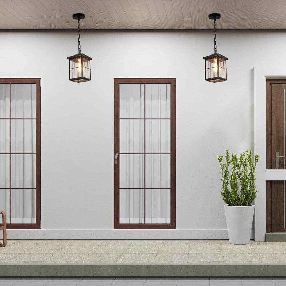 LNC Black Outdoor Hanging Lantern w/ Seeded Glass Shade for Covered Patio
