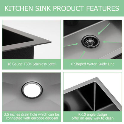 LORDEAR Gunmetal Black 15 in Undermount Single Bowl 16 Gauge SS Bar Sink