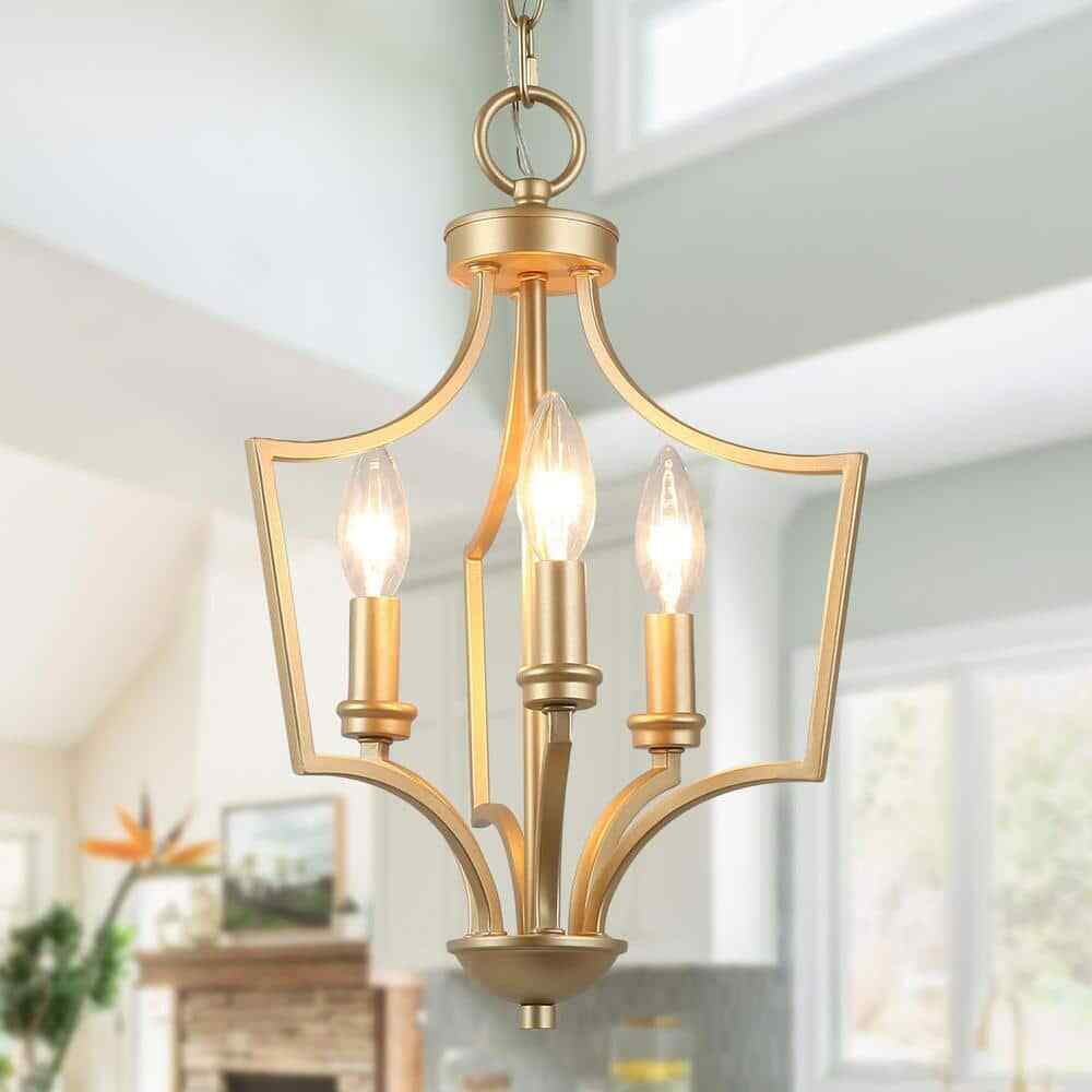 LALUZ Aritik 3-Light Adjustable Gold Geometric Cage Pendant Candle-Style