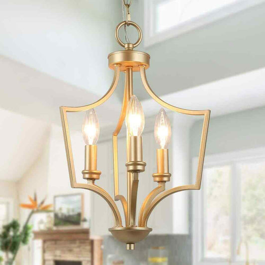 LALUZ Aritik 3-Light Adjustable Gold Geometric Cage Pendant Candle-Style